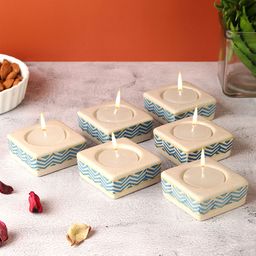 VarEesha Blue 6 Pieces Zigzag Square Ceramic Diyas ea Light Candle Holders-8