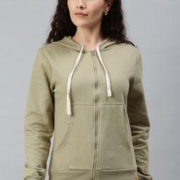 Campus Sutra Women Green Solid Hooded Front-Open Sweatshirt-image-98