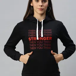 Campus Sutra Women Black Printed Hooded Pullover Sweatshirt-picture-5