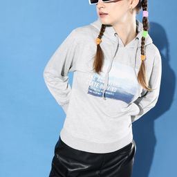 Roadster Women Grey Melange & Blue Printed Hooded Sweatshirt-image-9