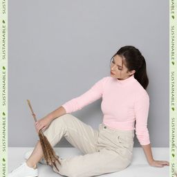 HERE&NOW Women Pink High Neck Pure Cotton T-shirt-image-64