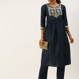 SWAGG INDIA Women Navy Blue Ethnic Motifs Embroidered Gotta Patti Kurta with Trousers-image-51