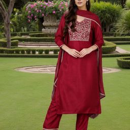 AHIKA Maroon Ethnic Motifs Yoke Design Zari Sequinned Kurta with Trousers & Dupatta-13