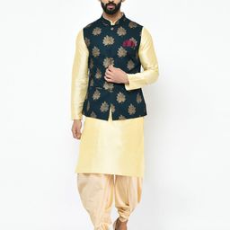KISAH Mandarin Collar Kurta & Dhoti Pants With Printed Nehru Jacket-image-33