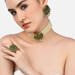 Zaveri Pearls Gold-Plated Green & White Kundan-Studded Pearl Beaded Jewellery Set-image-79