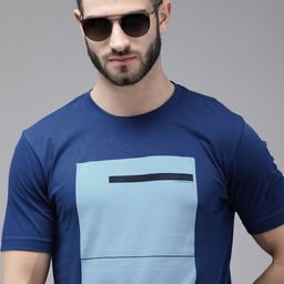 Roadster Men Navy Blue & Blue Colourblocked Pure Cotton T-shirt-image-18