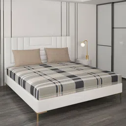 Monte Carlo Beige & Black Checked 200 TC Queen Bedsheet With 2 Pillow Covers-82