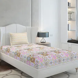 Monte Carlo White Floral Cotton 144 TC Single Bedsheet with 1 Pillow Cover-2.29mx1.52m-image-90