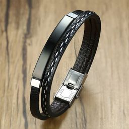 Yellow Chimes Men Black & Silver-Toned Stainless Steel Wrist Leather Wraparound Bracelet-42
