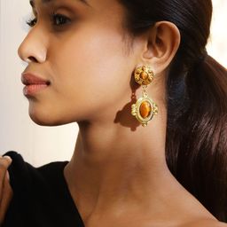 Rubans 18K Gold-Plated Brown & Gold Tiger Eye Statement Drop Earrings-12