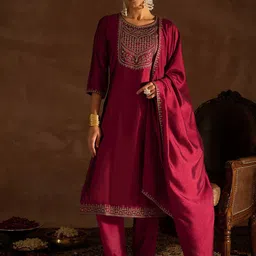 Indo Era Maroon Ethnic Motifs Embroidered Regular Sequinned Kurta with Trousers & Dupatta-image-59