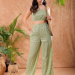Freehand by The Indian Garage Co Self Design Shoulder Strap Crop Top and Trouser Co-Ords-picture-0