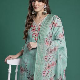 Indo Era Floral Embroidered Thread Work Linen Kurta with Trousers & With Dupatta-49