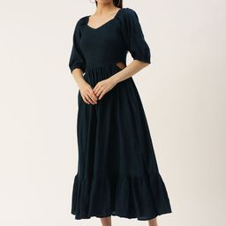 IQRAAR Sweetheart Neck Smocked Puff Sleeves Midi Dress With Cut-Out Detail-image-70