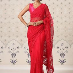 Ode by House of Pataudi Red Ethnic Motifs Embroidered Net Saree-picture-2