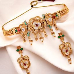 LUCKY JEWELLERY Gold-Plated Artificial Stones Studded & Beaded Jewellery Set-34