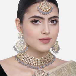 I Jewels Gold-Plated & Grey Kundan Studded Chocker Jewellery Set-image-99