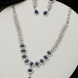 VIVAZS Women Silver Plated & Blue AD Stone Studded Jewellery Set-28
