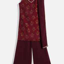 Ethnovog Girls Maroon Made To Measure Ethnic Motifs Kurta with Palazzos  Dupatta-image-55