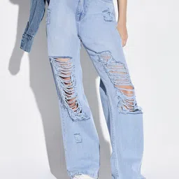 SHOWOFF Women Comfort Wide Leg Highly Distressed Light Fade Jeans-picture-43