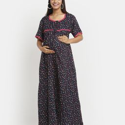 Mylo Maternity Navy Blue Printed Maxi Nightdress-image-4