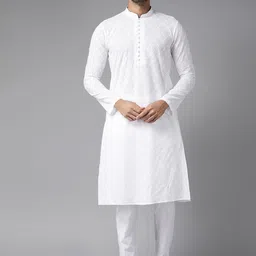 See Designs Men White Ethnic Motifs Embroidered Chikankari Pure Cotton Kurta with Pyjamas-31