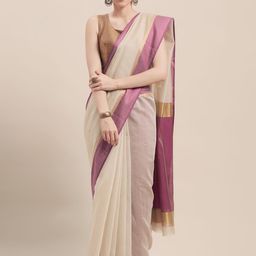 Rajnandini Beige & Purple Cotton Blend Woven Design Saree-27