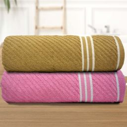 Athom Living Beige Pink 2 Piees 380 GSM Striped Bath Towels-image-67