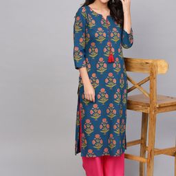 Varanga Women Blue & Peach-Coloured Printed Straight Kurta-picture-14