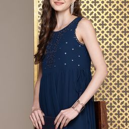 House of Pataudi Floral Embroidered A-Line Midi Jashn Dress-image-89