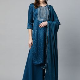 SheWill Women Teal Ethnic Motifs Embroidered Gotta Patti Kurta with Palazzos & With Dupatta-image-43