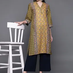 Biba Women Mustard Yellow & Navy Blue Printed Straight Kurta-picture-13