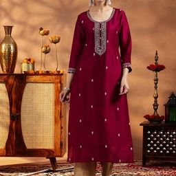 Libas Floral Embroidered Sequinned Pure Silk Straight Kurta With Lining-image-78
