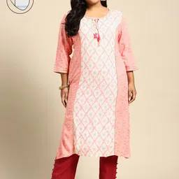 RANGMAYEE Women Pink & White Geometric Printed Gotta Patti Floral Liva Kurta with Mask-picture-32