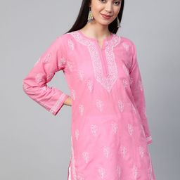 ADA Women Pink & White Chikankari Embroidered Pure Cotton Straight Handloom Kurti-57