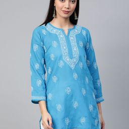 ADA Women Blue & White Chikankari Embroidered Pure Cotton Straight Sustainable Handloom Kurti-picture-40