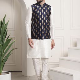 SOJANYA Men Off-White & Navy Blue Solid Kurta with Churidar & Nehru Jacket-picture-23