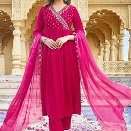 Janasya Ethnic Motifs Embroidered Sequinned Anarkali Velvet Kurta with Trousers & Dupatta-19