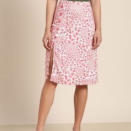 Marie Claire Women White & Pink Disty Floral Print High-Slit A-Line Skirt-picture-6