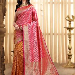 KALINI Pink & Mustard Yellow Ethnic Motifs Woven Design Half & Half Kanjeevaram Saree-picture-9