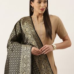 Silk Land Black & Gold-Toned Ethnic Motifs Woven Design Pure Banarasi Silk Dupatta-picture-16