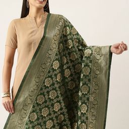 Silk Land Green & Gold-Toned Ethnic Motifs Woven Design Pure Banarasi Silk Dupatta-image-55
