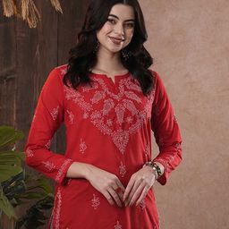 ADA Maroon & White Ethnic Motifs Hand Embroidered Chikankari Pure Cotton Kurti-image-99