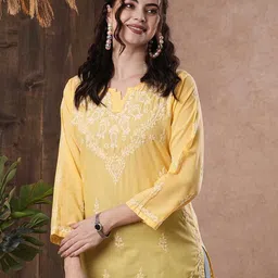 ADA Yellow & White Ethnic Motifs Hand Embroidered Chikankari Pure Cotton Kurti-picture-46