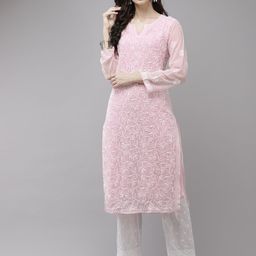 ADA Women Pink Ethnic Motifs Embroidered Regular Chikankari Handloom Kurta with Palazzos-picture-31