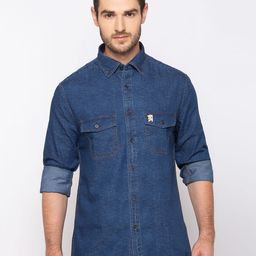 GIORDANO Men Blue Striped Smart Slim Fit Casual Denim Shirt-image-40