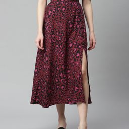 plusS Maroon & Black Animal Skin Print Side-Slit A-line Midi Skirt-image-17