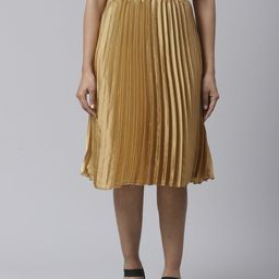 Ives Women Golden Solid Accordion Pleated Satin Finish Knee Length A-Line Skirt-picture-22
