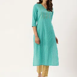 Varanga Women Turquoise Blue & White Printed Sequined Kurta-image-65