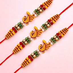 ADIVA Peacock Cubic Zirconia Studded Rakhi With Pooja Thali Roli Chawal Gift Set-image-14